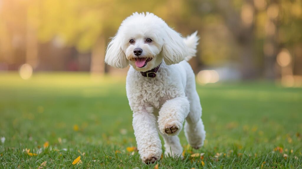 A happy white poodle runs through a grassy field.