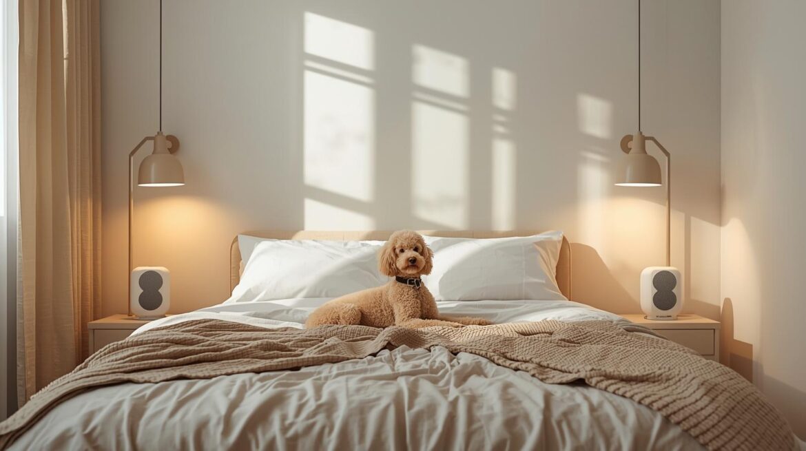 A brown poodle on top of a bed.