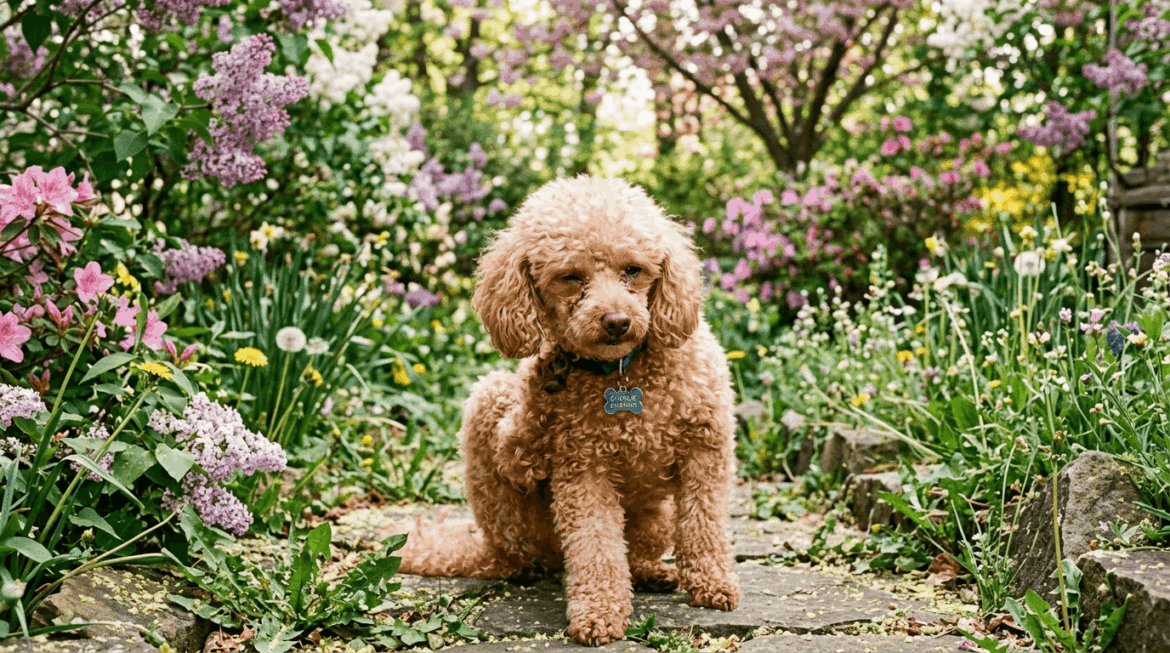 Poodle affected by pollen allergies showing symptoms outdoors
