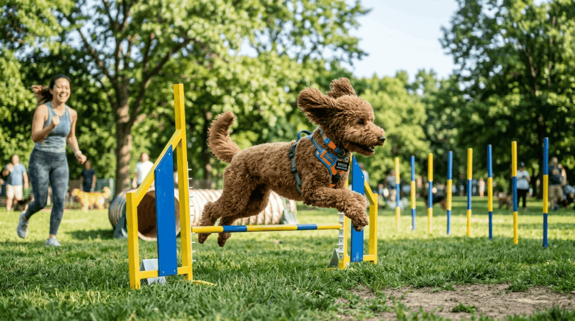 Miniature poodle exercise plan showing active small poodle doing fitness activities