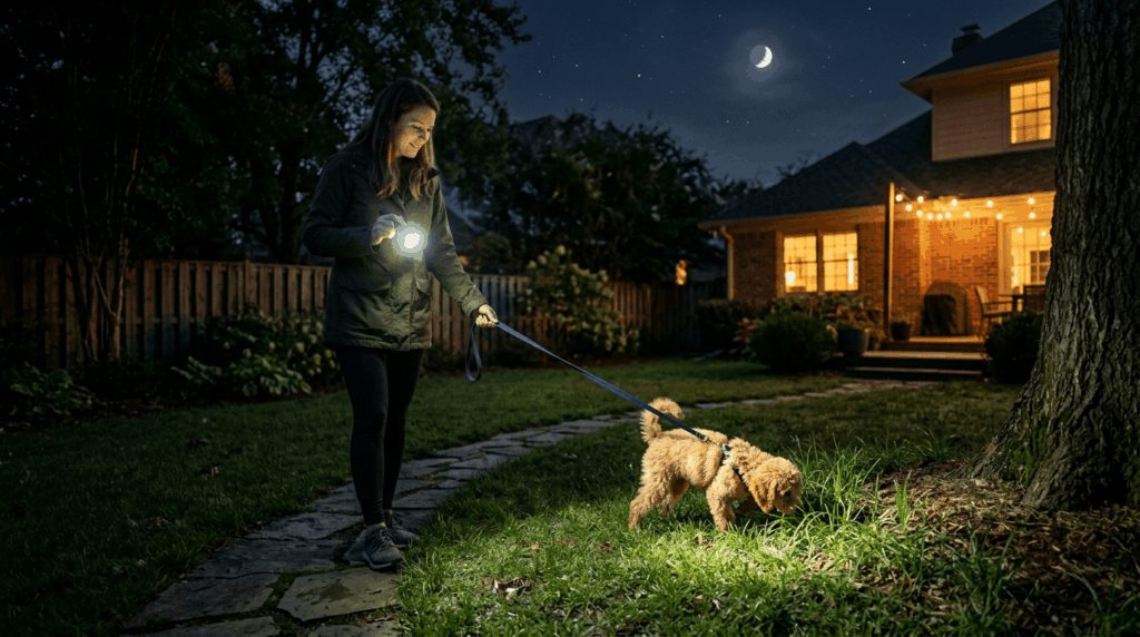 Nighttime poodle potty training tips showing owner taking puppy outside in evening