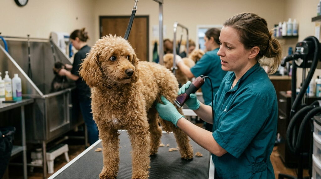 Anxious Poodle grooming with gentle calming techniques and patient handling